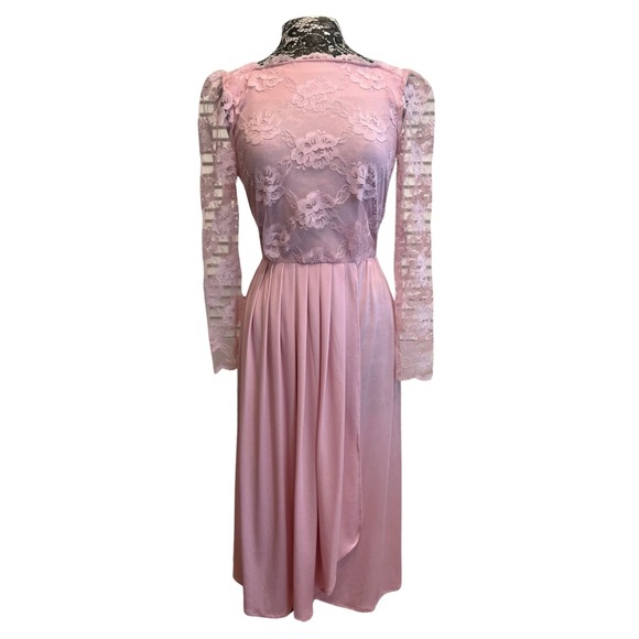 Vintage 80s Pink Midi Dress XS Lace Lightweight Balletcore Cottagecore Wedding - Picture 1 of 16